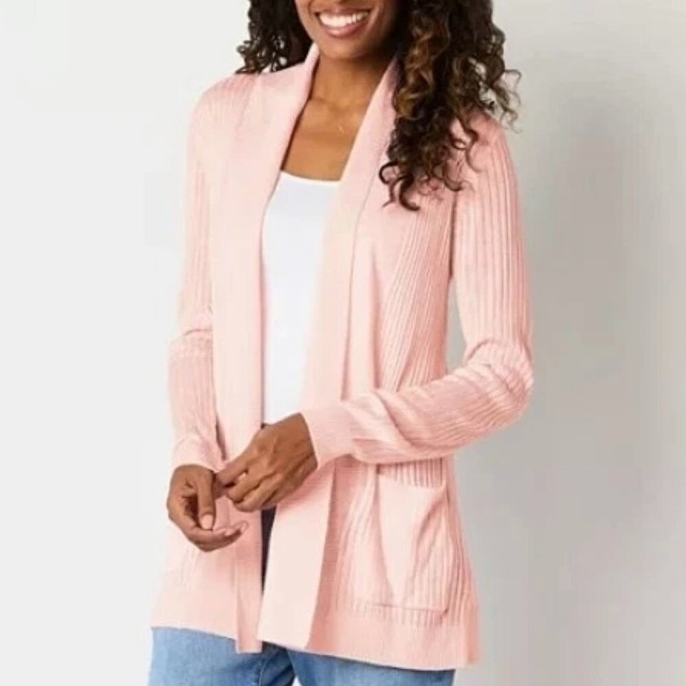 Liz Claiborne Cardigan Sweater Womens S Pink‎ Open Front Ribbed Knit Pockets NWT